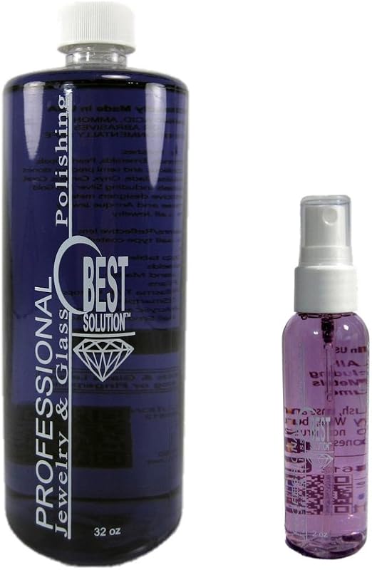 Best Solution Limpiador de bisutería con diamantes de oro y plata, botella de 32 oz con botella de spray de viaje de 2 oz