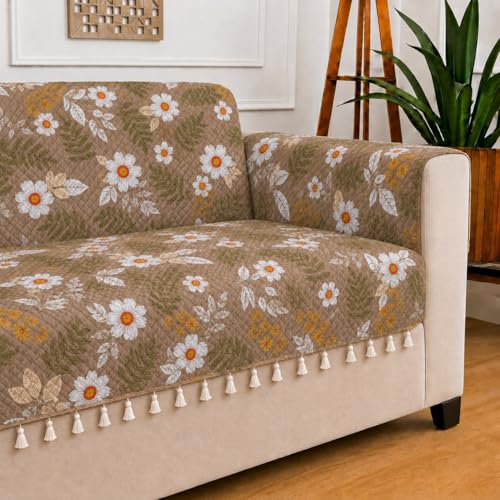 Image of STITCHNEST 'Frostvine Collection' 2 Seater Sofa Cover | Full Coverage with Armrest Pockets | Cotton Quilted Fabric, Decorative Tassels, Washable & Durable for Modern Living
