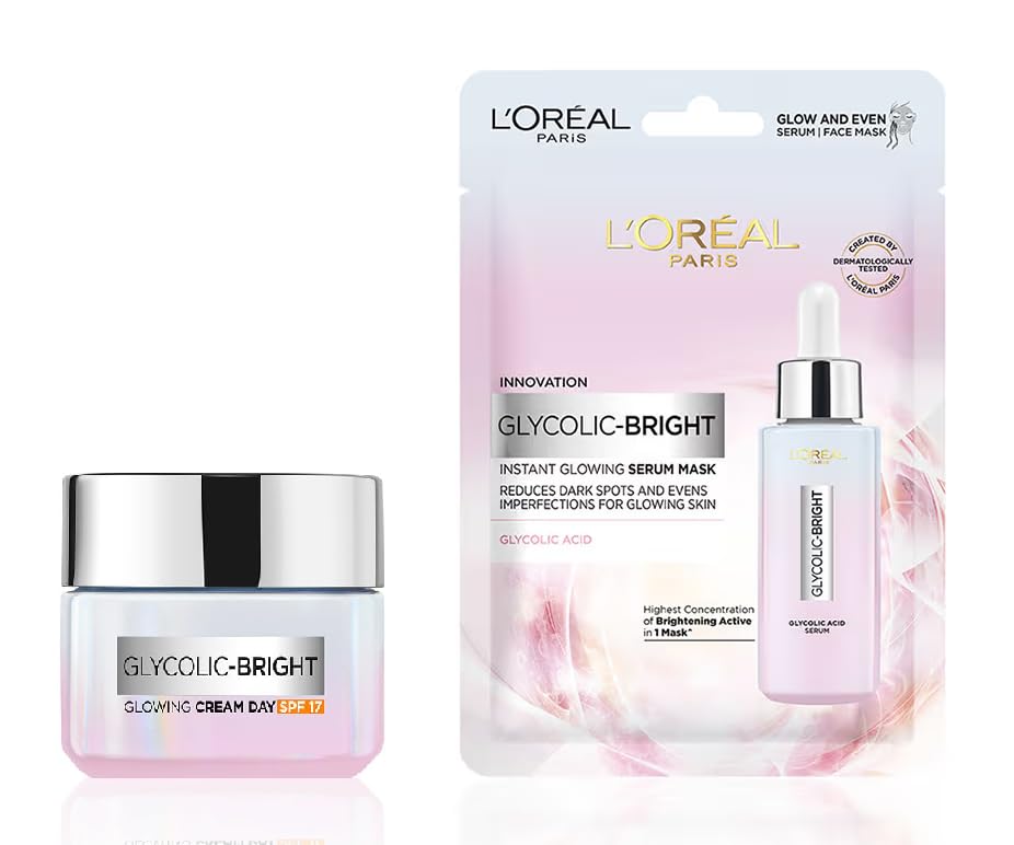 L'Oreal Paris Glycolic Bright Day Cream with SPF 17-15ml + Glycolic Bright Glowing Serum Sheet Mask