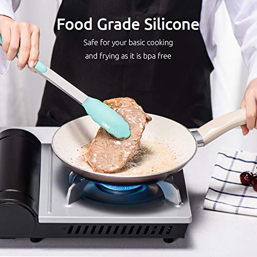 Image of Kitchen Tongs, U-Taste 7 /9 /12 inches Cooking Tongs, with 480ºF High Heat-Resistant Non-Stick Silicone Tips, 18 /8 Stainless Steel Handle, for Food Grill, Salad, BBQ, Frying, Serving, Pack of 3 (Teal)