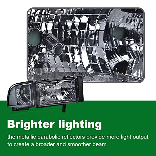 Image of GRAND ORANGE Headlights Assembly, Compatible with Dodge Ram 1500 2500 3500 1994 1995 1996 1997 1998 1999 2000 2001 2002 Black Housing Clear Corner Lamps（Smoky lens Chrome Housing Clear Reflector）