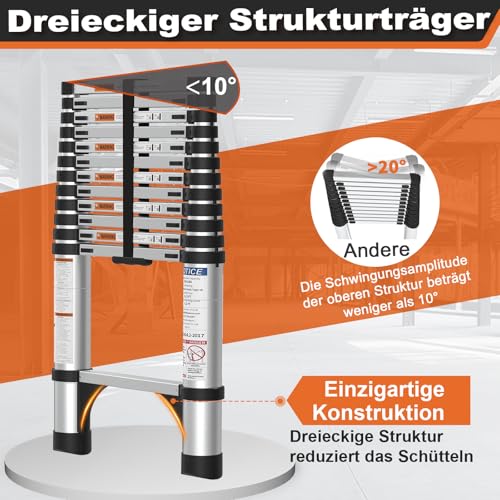 HBTower Teleskopleiter 3,8 m aus Aluminium, Klappbare Ausziehleiter mit Rutschfesten Füßen, Robust & Tragbar, Tragkraft 150 kg, Ideal für Dachrinnenreinigung & Außenreparaturen, Silber