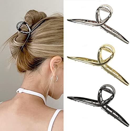 Big Metal Hair Claw Clips Large Butterfly Hair Clips for Women 5.3" Large Metal Clip Larger Size Hair Clip for Girls Hair Accessories for Long Thick Hair 3 Pcs (Silver,Gold,Black)
