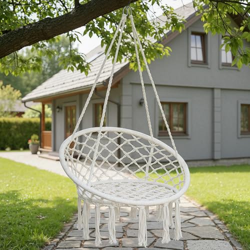 Image of Garpans Hammock Chair Macrame Swing Bohemian Style Hammock Swing Chair with Tassels Hanging Swing Chair Handmade Knitted Cotton Rope for Indoor Outdoor Bedroom Patio Max 330 Lbs White