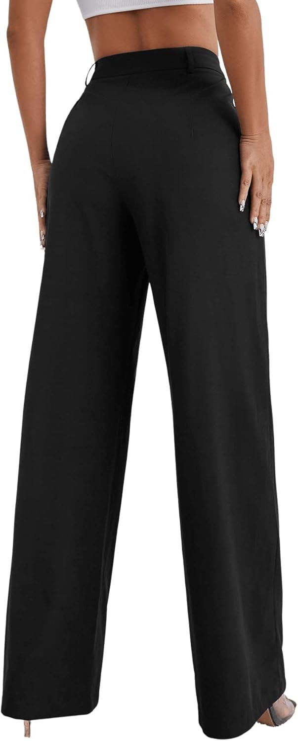 SweatyRocks Women's Casual Wide Leg High Waisted Button Down Straight Long Trousers Pants - Image 2
