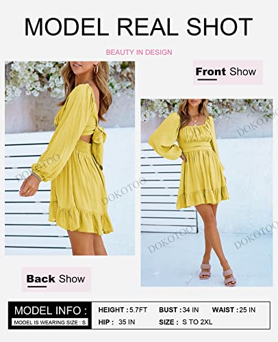 Image of Dokotoo Womens Dress Lantern Sleeve Elastic Waist Tie Backless Mini Dress | Square Neck,Off Shoulder,Flowy,Ruffle A-Line,Casual,Mini Dress,Beach Vacation Clothes,Fall Outifits,Wedding Guest,Boho