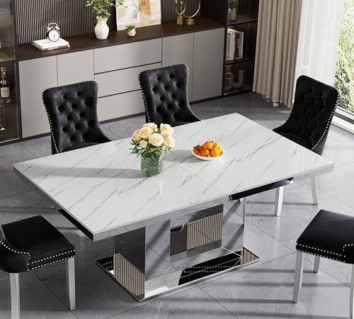Image of 94.5 inch Rectangular Dining Table for 6 8 10, Modern White Extendable Kitchen Table, Large Long Dining Room Table with Mirrored Pedestal for Dining Kitchen Living Room