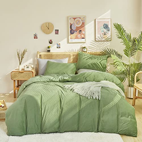 Cottonight Salbeigrün Samt Bettdecke Set Queen Hellgrün Flanell Flauschige Bettwäsche Bettwäsche Set Vollplüsch Grün Steppdecken Weich Dicker Warm Salbei Samt Bettdecke Set für Frauen Männer Cover
