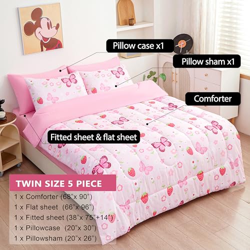 Image of Bedding Set - Pink Butterfly 5pcs Bed in A Bag, Dreamy Butterfly Printed, Soft Microfiber Twin Comforter Set with Sheets, Pillowcase & Sham for Girls Kids Teens (5 Piece Twin Size)