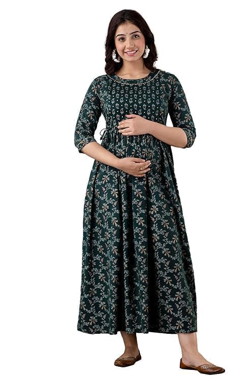 Anuom Women's Cotton Floral Printed Maternity Feeding Kurti with Zipper Maternity Gown for Women - Image 5