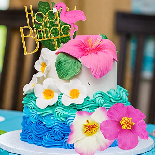 12 Pcs Flamingo Cake Toppers Flamingo Palm Leaves Hibiscus Flowers Hawaiian Cake Decorations For Tropical Luau Themed Birthday Wedding Party Supplies #TOP3
