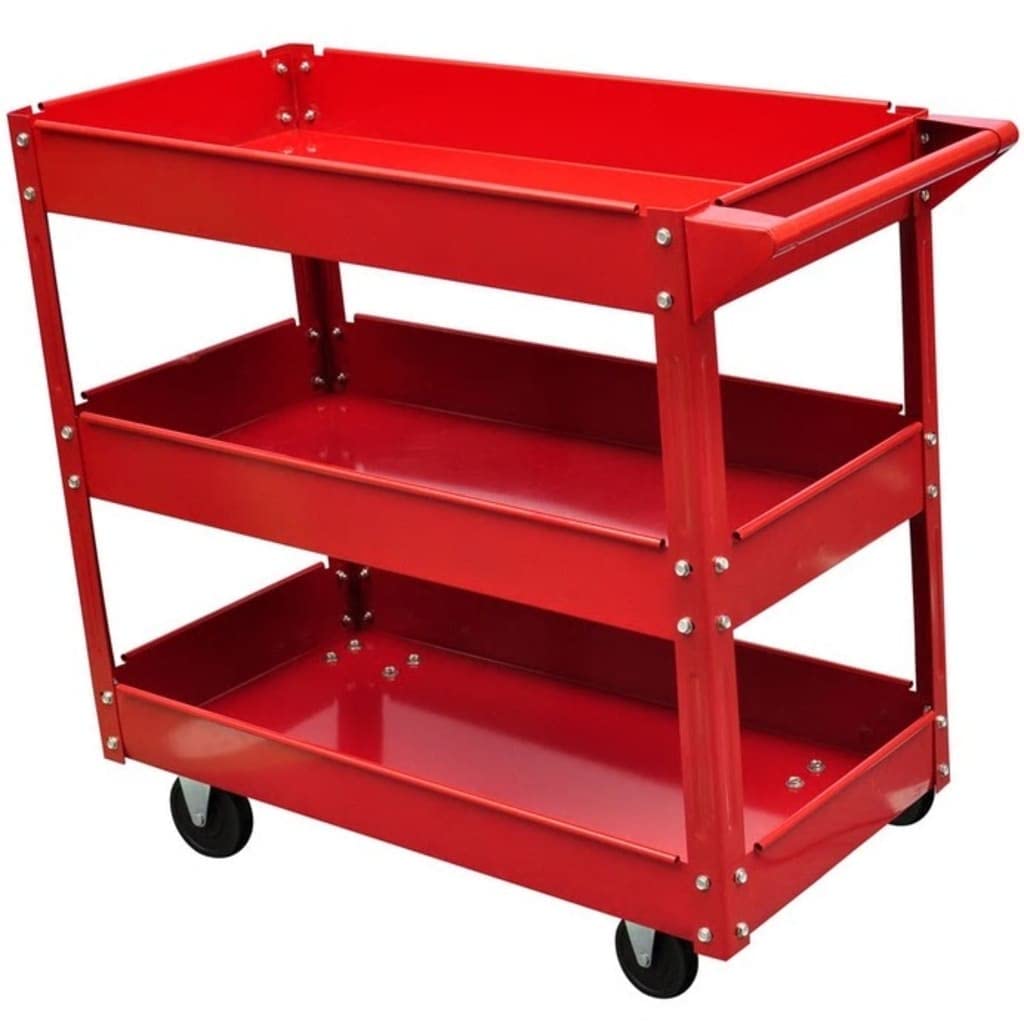 Carro de taller de acero lacado con 3 estantes, capacidad de carga de 100 kg, 4 ruedas y asa para facilitar el transporte en garaje y taller