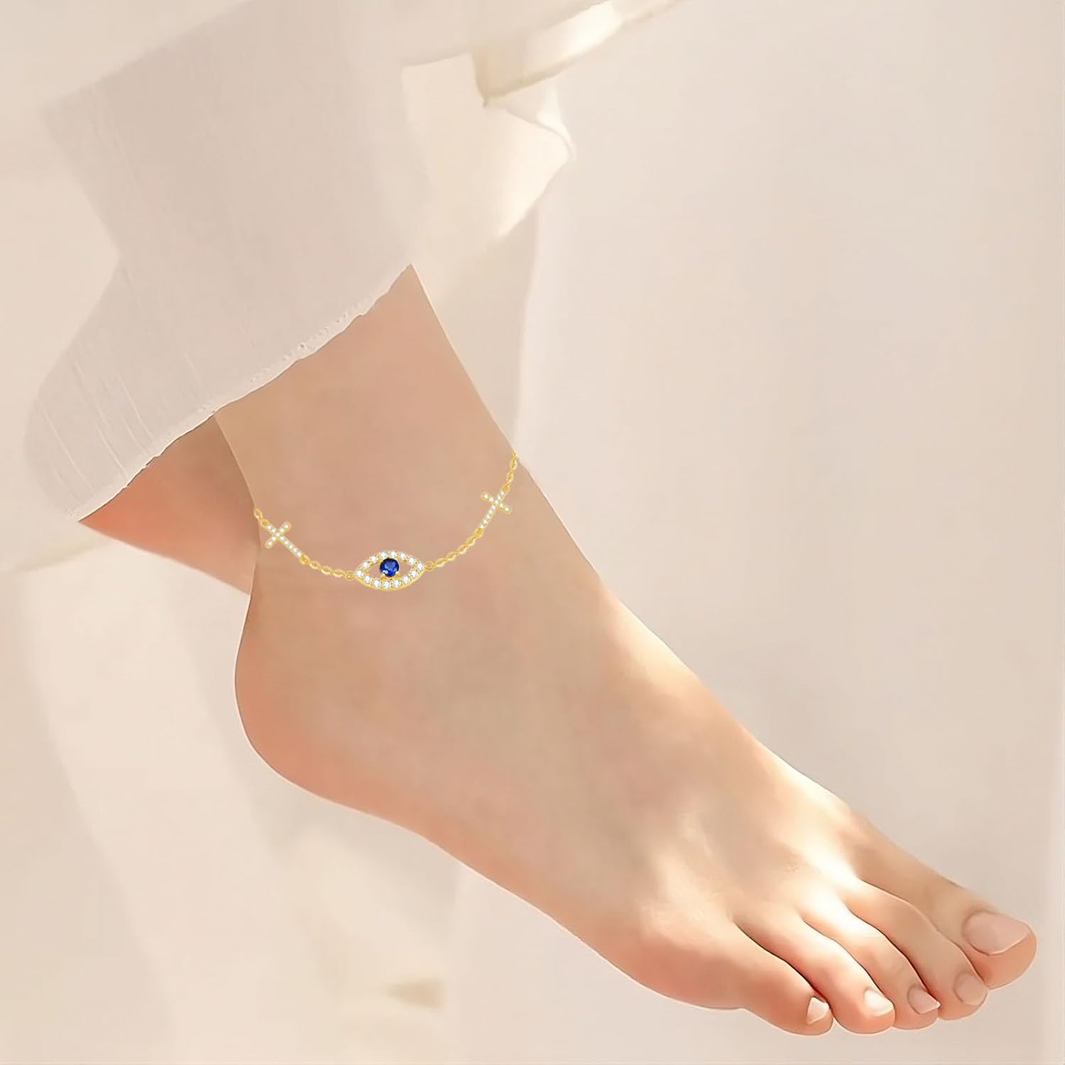 Aihpos 14K Solid Gold Evil Eye Anklets for Women - Real Gold Evil Eye Ankle Bracelet 14 Karat Blue Evil Eye Anklet for Her, 8+2 Inch