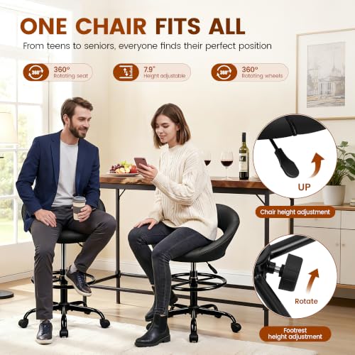 Image of Office Drafting Chair for Standing Desk, PU Leather Bar Stools