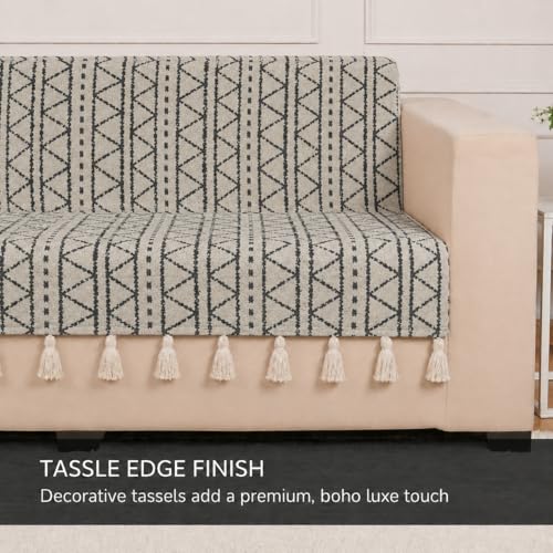 Image of STITCHNEST 'Nomad Weave Collection' 3 Seater Sofa Cover - Full Coverage| Elegant Jacquard Fabric, Decorative Tassels, Washable & Durable for Modern Living31