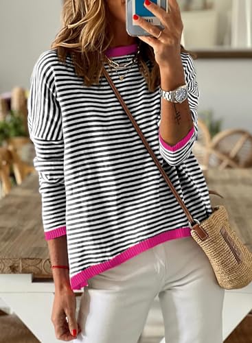 Image of Womens Striped Lightweight Cotton Sweaters Long Sleeve Crew Neck Color Block Casual Knitted Pullover Tops