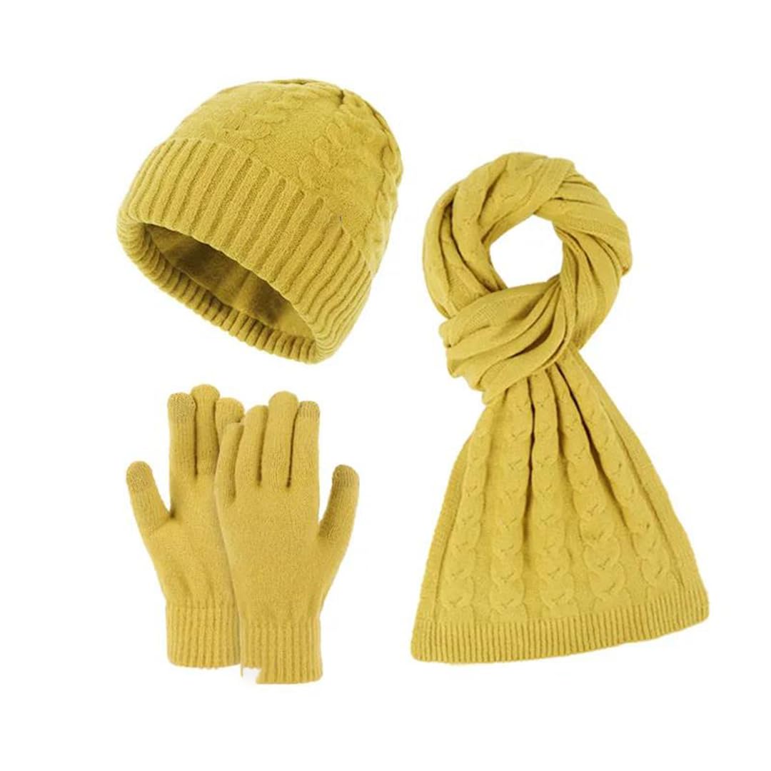 Czapka z mankietem, rękawiczki, długi szalik, 3 zestawy, gruba dzianinowa czapka, komplet na zimę dla kobiet, czarna etykieta (khaki)
