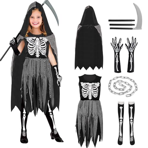 ATOWORLD Halloween Deguisement Faucheuse Enfant Fille Costume Deguisement Squelette Fille 8 9 10 Ans Costume Faucheuse Faucheur Faucille Halloween Cosplay Noir Robe Cape Faucheuse Enfant