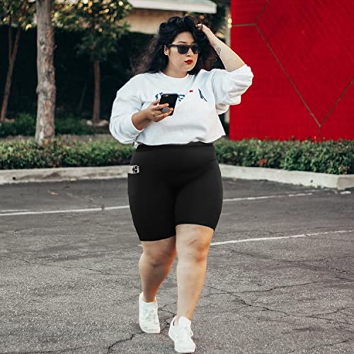 MOREFEEL Plus Size 8" Biker Shorts with Pockets for Women – High Waisted Tummy Control Black Yoga Shorts (XL-4XL)3