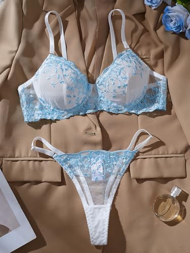 Image of Sexy Floral Embroidered Flower Mesh Underwire Push Up Lingerie Set