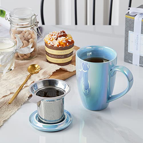 Jemirry Tea Mug With Infuser And Lid, Tea Cup Tea Mug Porcelain Cup With Lid, Tea Strainer Cup, Single Loose Leaf Tea Cup Brewing System, Loose Tea Mug With Gift Box - Blue #TOP5