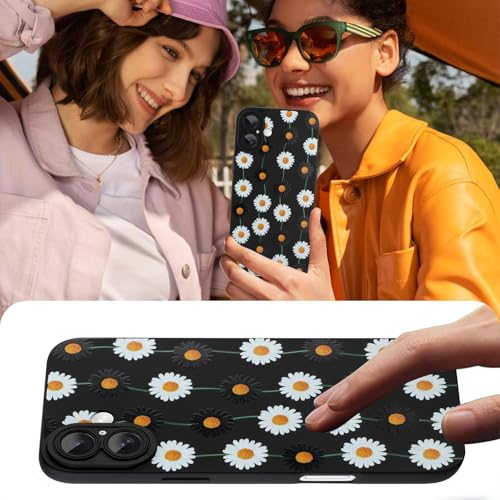 Image of Designed for iPhone 16 Plus Case, Cute Daisy Flower Floral Pattern Design, Slim Soft TPU Liquid Silicone Protective Cover for Women Girls - Black