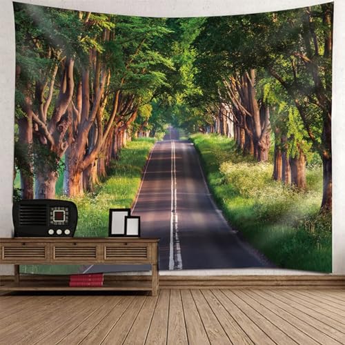 Tapisserie murale verte de 150x130 cm motif paysage de forêt et grand arbre ensoleillé