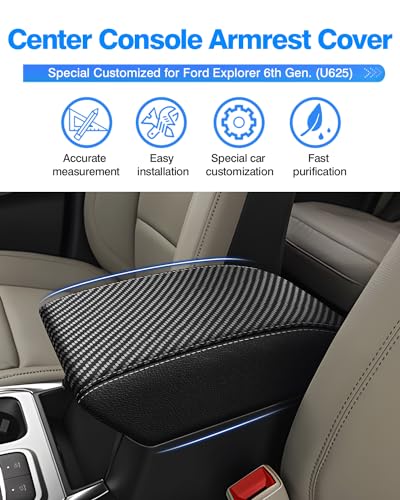 Image of Autorder Center Console Cover for Ford Explorer 2020-2026 Accessories Armrest Cover Carbon Fiber Anti-Scratch Middle Console Pad Leather Armrest Protector