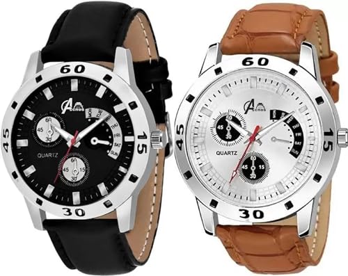 Acnos® Premium Leather Analogue Watch for Men Combo Pack of 2 Gift Arrival Black Brown