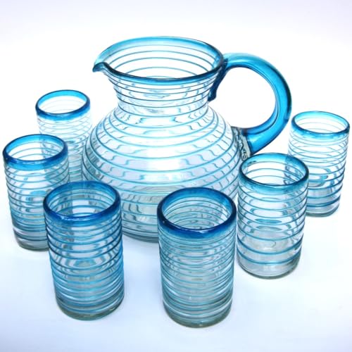 MexHandcraft Aqua Blue Spiral 120 oz Pitcher and 6 Drinking Glasses set, Recycled Glass, Lead-free, Toxin-Free (Pitcher & Glasses)