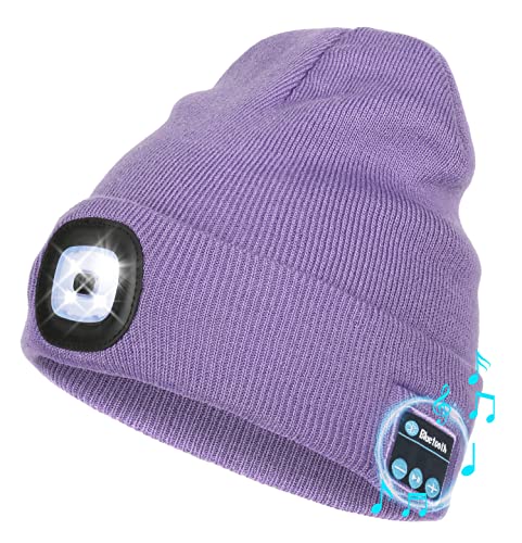 Image of Wmcaps Bluetooth Beanie with a Light, Unisex USB Rechargeable 4 LED Fashlight Hat with Cordless Headphones, Unique Christmas Birthday Gifts for Men Him Husband Teen Purple