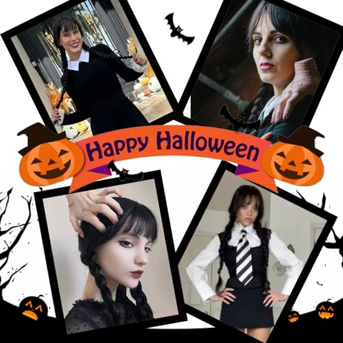 Image of Rose bud Wednesday Addams Cosplay Wig Long Hair Heat Resistant Adjustable Fit 23 Inches Double Braided Black Wigs With Bangs for Halloween Cosplay