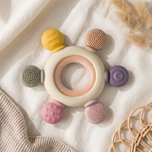 Image of Blushbaby Silicone & Wooden Baby Teether for 3+ Months Babies | BPA Free Soft Chew Teething Ring for Infants & Newborns | Safe Sensory Teether for Gum Relief | Round Shape | Beige