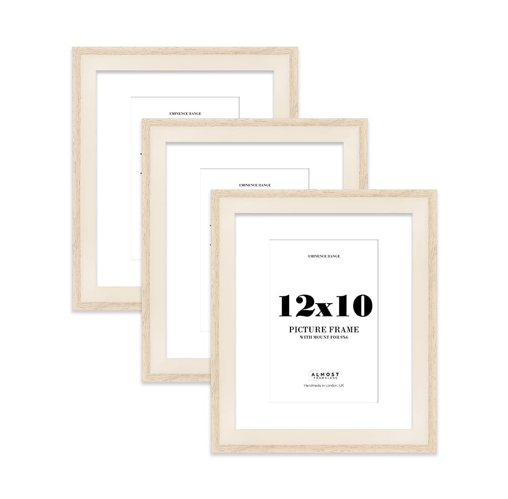 12x10" Oak Picture Frame with 9x6" Mount - Shabby Chic Photo Frame with Distressed Finish, Wall Hooks and Kickstand, 32mm Edge - 3 Pack