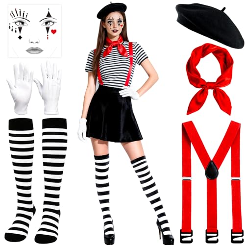 Pantomime Kostüm Damen Faschingskostüme Karneval - Clown Kostüm Damen Herren mit Baskenmütze Tücher Handschuhe Gesichtstattoo Verstellbare...