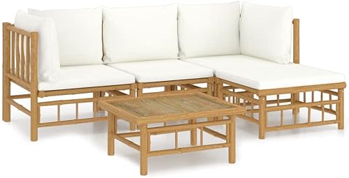 Miniatura 3 de 5 Piece Bamboo Garden Lounge Set Outdoor Patio Furniture with Beige Cushions, Natural Bamboo Rectangular Seating Set for Backyard, Porch, and