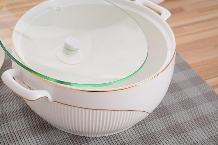 Ceramic Soup Tureen with Glass Lid，White Soup Tureen with Gold Design,Double Handle Soup Serving Bowl with Lid and Ladle
