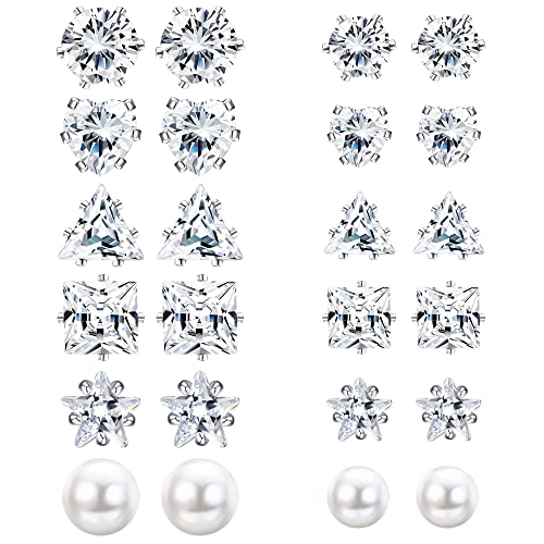 Subiceto 12 Pairs Stainless Steel Magnetic Stud Earrings for Women Men Non Piercing Cz Hypoallergenic Round Square Star Heart Pearl Clip on Earrings Set 6/8mm