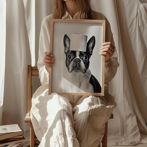 Image of Boston Terrier Funny Bathroom Wood Framed Wall Art Print Poster, Dog Pet Lover Picture Painting Artwork Bedroom Living Room Office Dining Room 150D (Boston Terrier Funny Bathroom, 14 inchL x 11 inchW, Wood Frame)