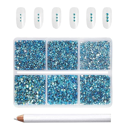 Image of Beadsland Flatback Rhinestones, Aquamarine AB, 7200pcs Mixed 6 Sizes | Glass Nail Gems, Round Crystal, With Wax Pencil Kit, SS3-SS10, Blue AB