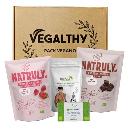 VEGALTHY Pack de Proteínas Veganas – 4 Unidades – NATRULY Cacao BIO 350g, Frambuesa BIO 350g, Salud Viva Mix 250g, GREENTUNA Atún Vegano en Aceite de Oliva