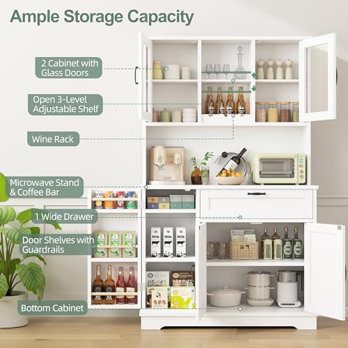 Image of Shintenchi Kitchen Pantry Storage Cabinet, Freestanding Buffet Cabinet with Microwave Stand & 4 Door Shelves, Kitchen Hutch with Doors, Adjustable Shelves and Wine Rack, White