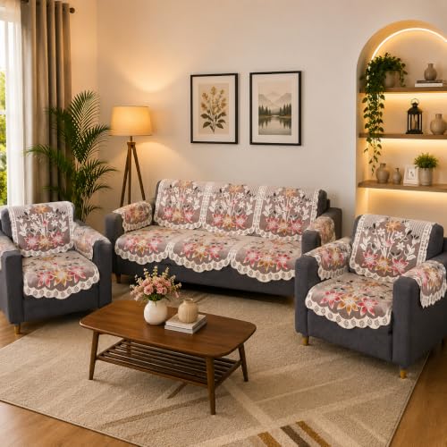 Image of STITCHNEST Gulnaar Beige 10 Piece Cotton Net Sofa Slip Cover |5 Seater