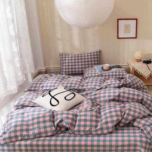 Image of mixinni Plaid Duvet Cover Set Queen Purple - Soft Washed Cotton Modern Geometric Bedding Set with 2 Pillowcases, Pink Blue Gingham Grid Queen Duvet Cover for Men & Women, Soft & Lightweight