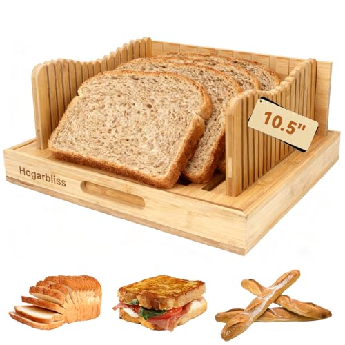 Hogarbliss Bamboo Bread Slicer with Crumb Tray, 10.5″ Adjustable Bread Cutter & Bread Slicer Guide for Homemade Bread, Sourdough, Baguette & Sandwich – Foldable Kitchen Tool for Home Bakers