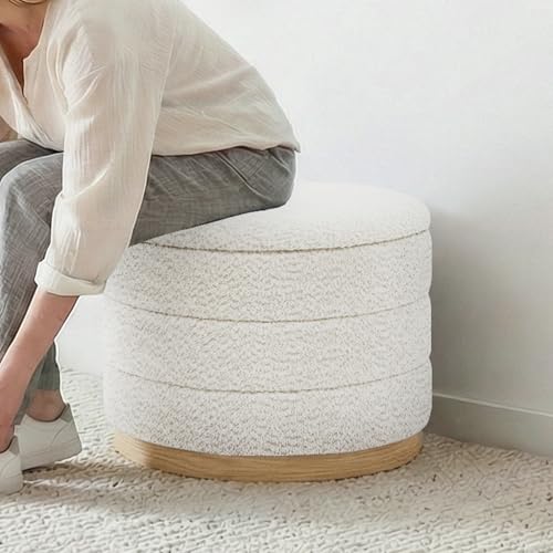 Image of Round Storage Ottoman with Tray, Chenille Folding Foot Rest Coffee tabele for Living Room Bedroom Dorm,Wood Grain Leather