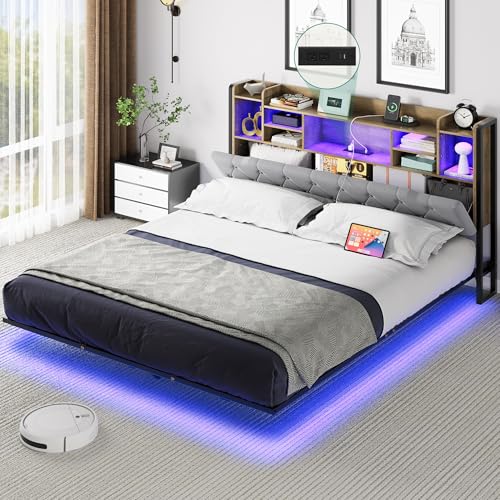 YITAHOME Bed Frame LED with Headboard USB Ports & Charging Outlets Metal Platform Bed Frame with 2 Tiers Storage Shelves No Box Spring Needed Super King Size Light Grey Color