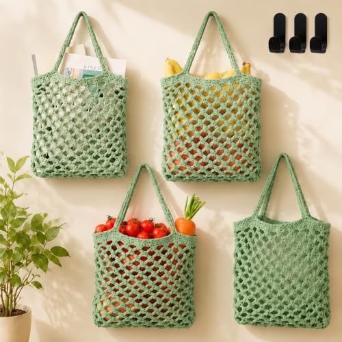 Image of Honeydak 3 Hanging Baskets, Sage Green, Mesh, Cotton Rope