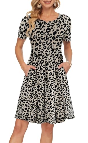 AUSELILY Women's Short Sleeve Pleated Loose Swing Casual Dress with Pockets Knee Length Leopard S