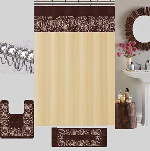 BH Home & Linen 15 Piece Floral Embroidery Banded Bath Set 1 Large Bat Mat 1 Contour Mat 12 Pc Metal Roller Ball Shower Hooks (Orange)